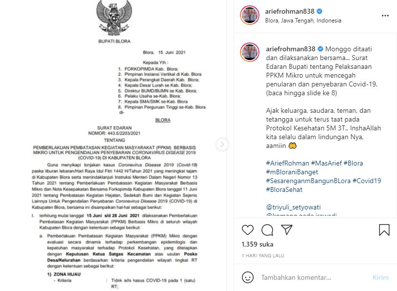 Marak Lonjakan Kasus Positif Covid-19, Bupati Arief Keluarkan SE
